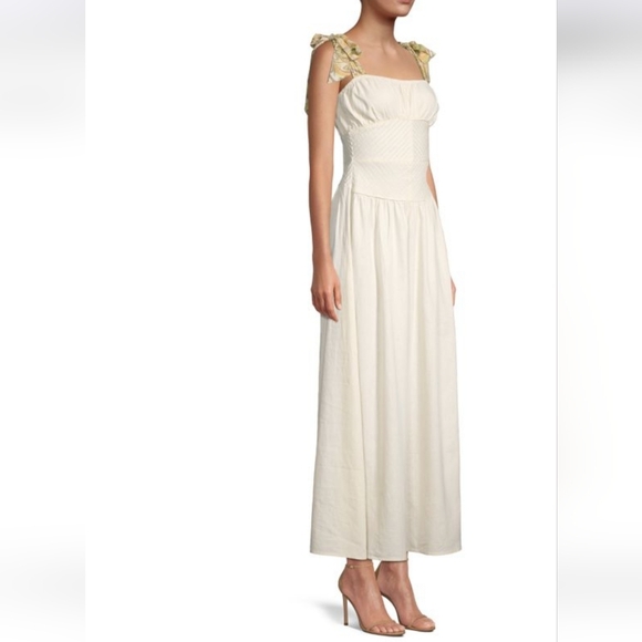 Free People Santorini Midi Dress Pleats Linen Contrast Tie Straps Siz 4 Ecru NWT - Picture 6 of 16